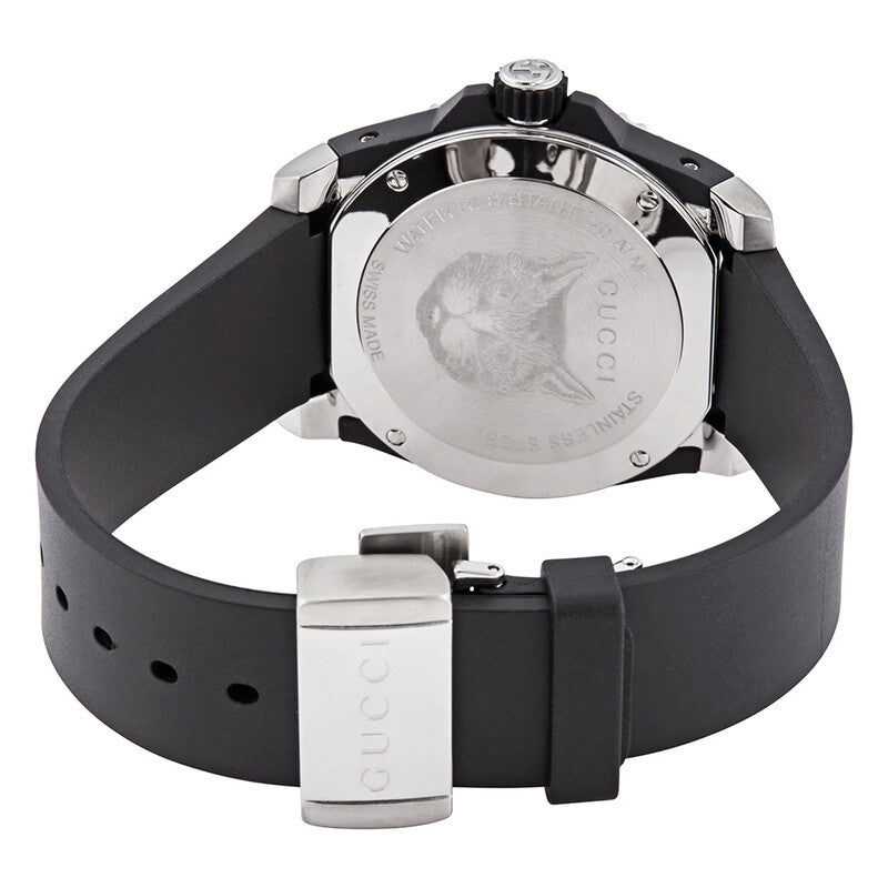 Gucci Dive caseback showing stainless steel case with engraved cat motif and black rubber strap