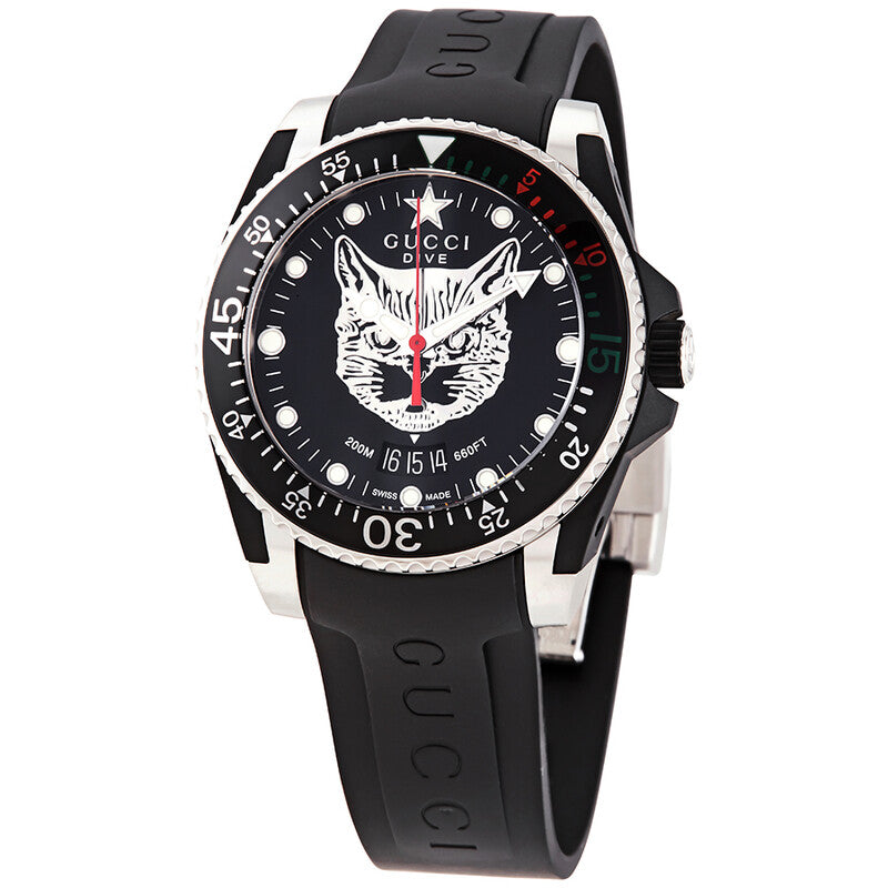 Gucci Dive 40mm watch with black dial featuring white cat illustration and black rubber strap