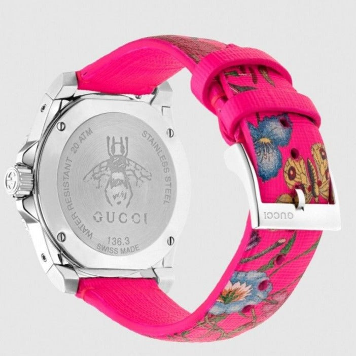 Gucci Dive YA136326 case back showing Gucci engraving and model number on stainless steel