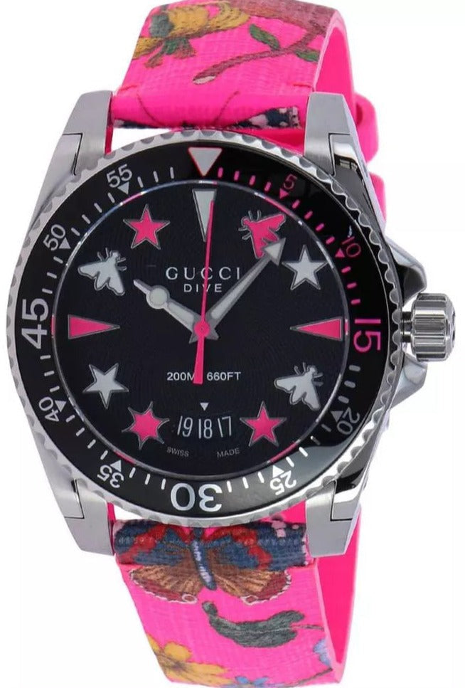 Gucci Dive Swiss Ladies Watch YA136326 with black dial, white and pink stars, pink floral rubber strap