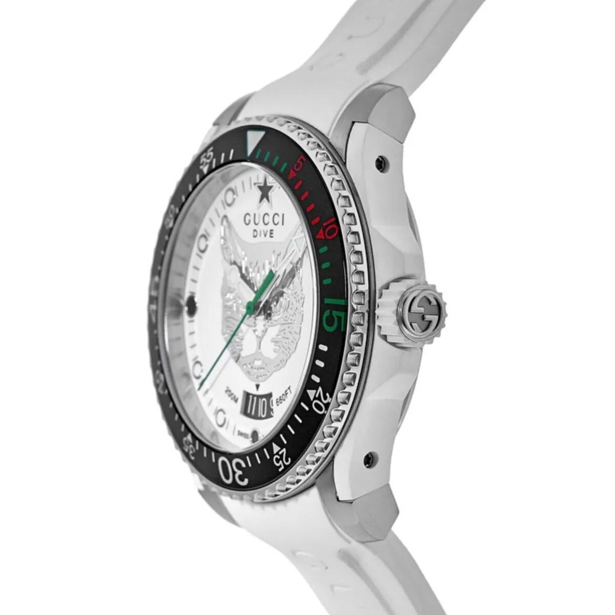 Gucci Dive watch at angle showing white case, tiger engraving, and white rubber strap