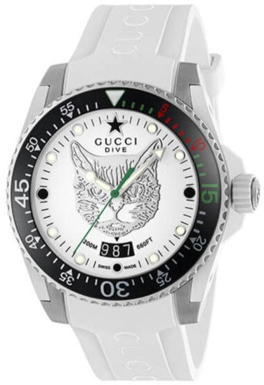 Gucci Dive white tiger dial watch with white dial, black bezel, and white rubber strap