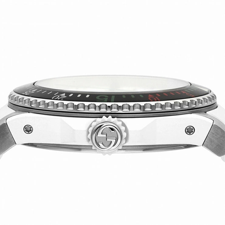 Gucci Dive watch side view displaying bezel, crown, and case profile with white rubber strap