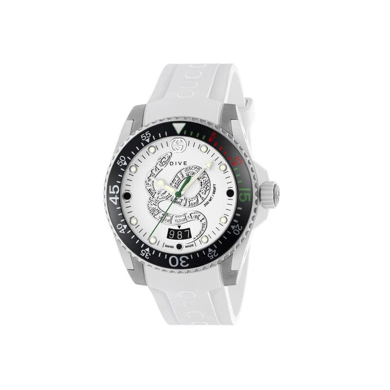 Gucci Dive white dial quartz watch with black bezel and white rubber strap