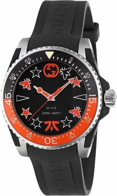 Gucci Dive 40mm watch with black dial, orange bezel, star and Gucci logo motifs, stainless steel case