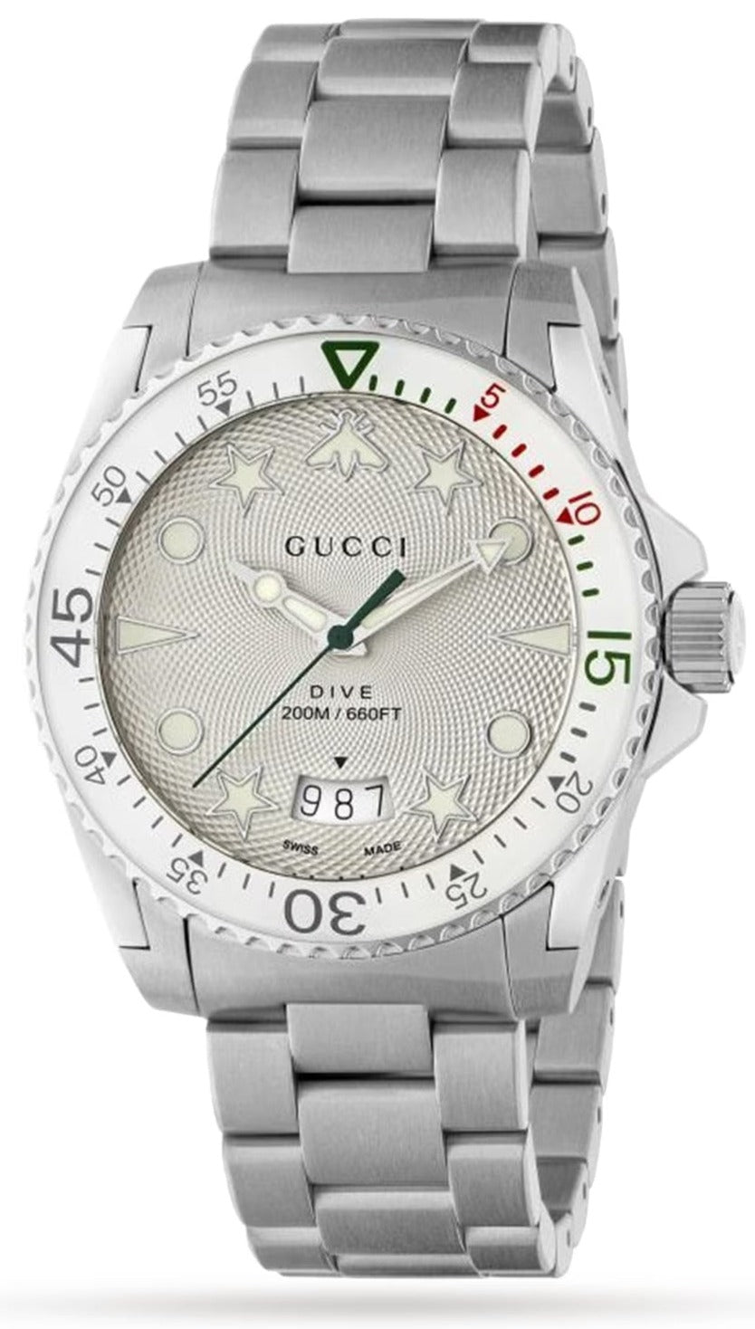 Gucci Dive quartz men's watch with silver dial, stainless steel bracelet, and rotating bezel