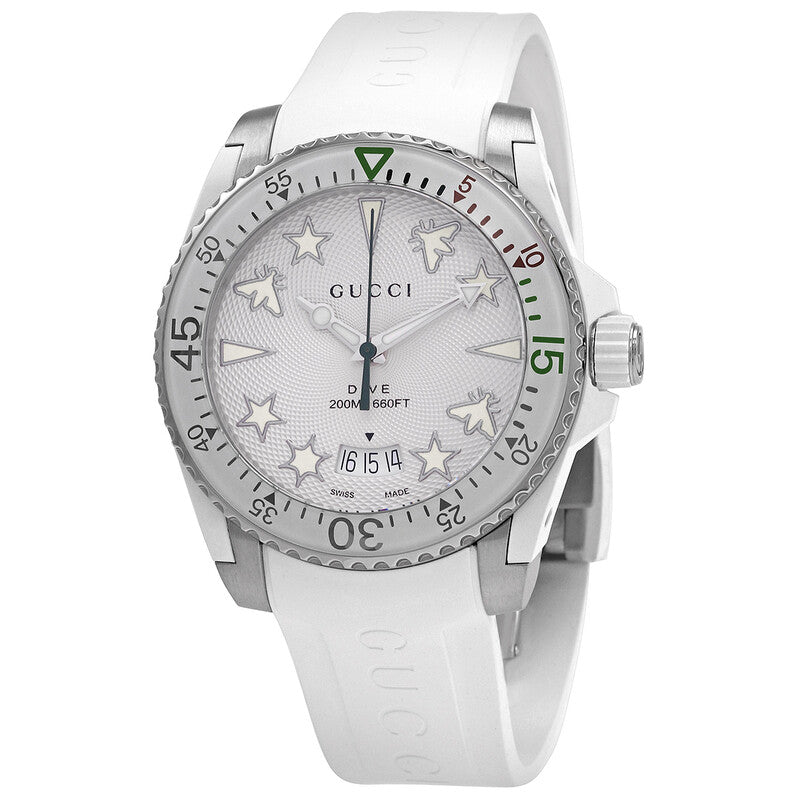 Gucci Dive silver dial men's watch with white rubber strap and rotating bezel