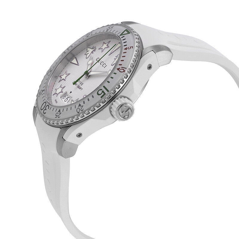 Gucci Dive watch side view showing case profile and white rubber strap