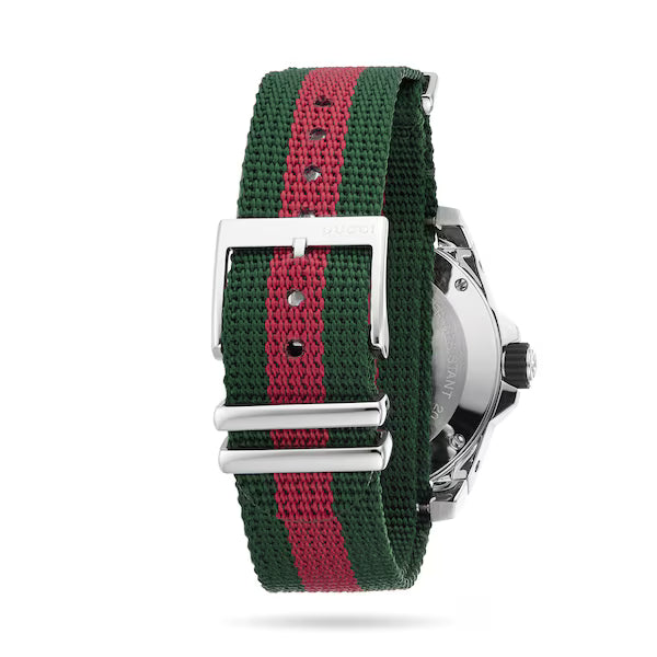 Red and green striped fabric strap with stainless steel buckle and case back detail
