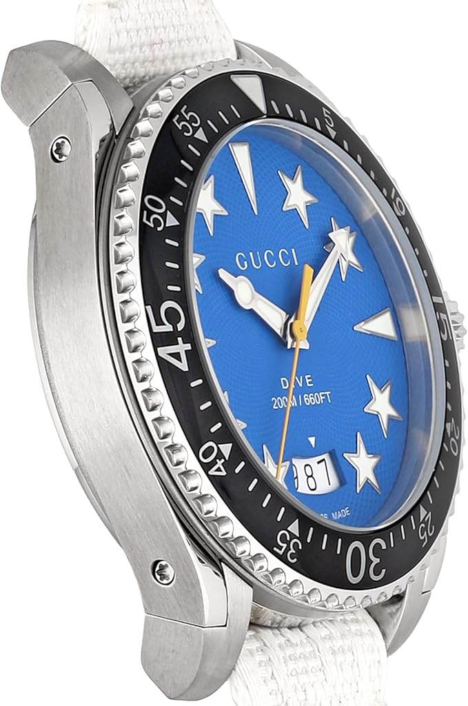 Gucci DIVE watch angled view showing blue dial and black rotating bezel
