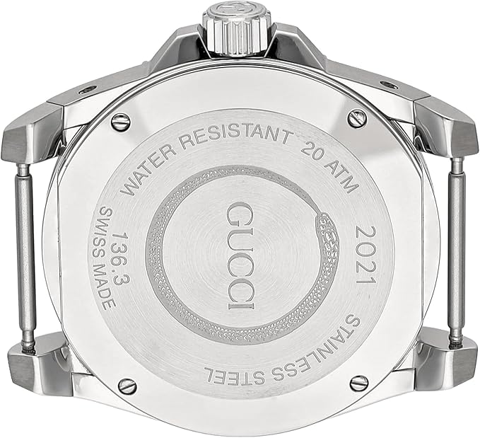Gucci DIVE caseback showing water resistant 20 ATM marking and Swiss movement