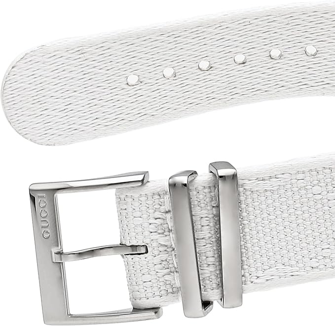 White textile strap detail with Gucci-branded stainless steel buckle and adjustment holes