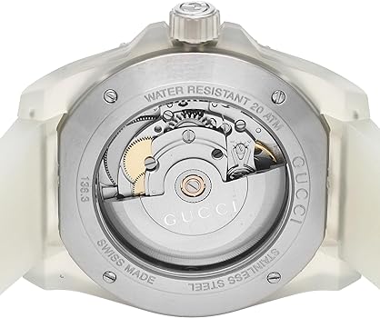 Gucci Dive watch caseback displaying automatic movement and water resistant text
