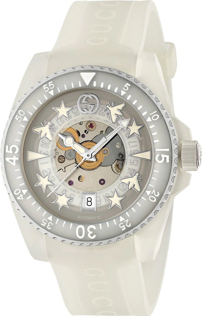 Gucci Dive automatic watch with white dial, visible movement, and beaded bezel