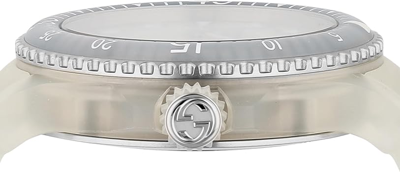 Gucci Dive watch side view with white rubber strap and Gucci crown detail