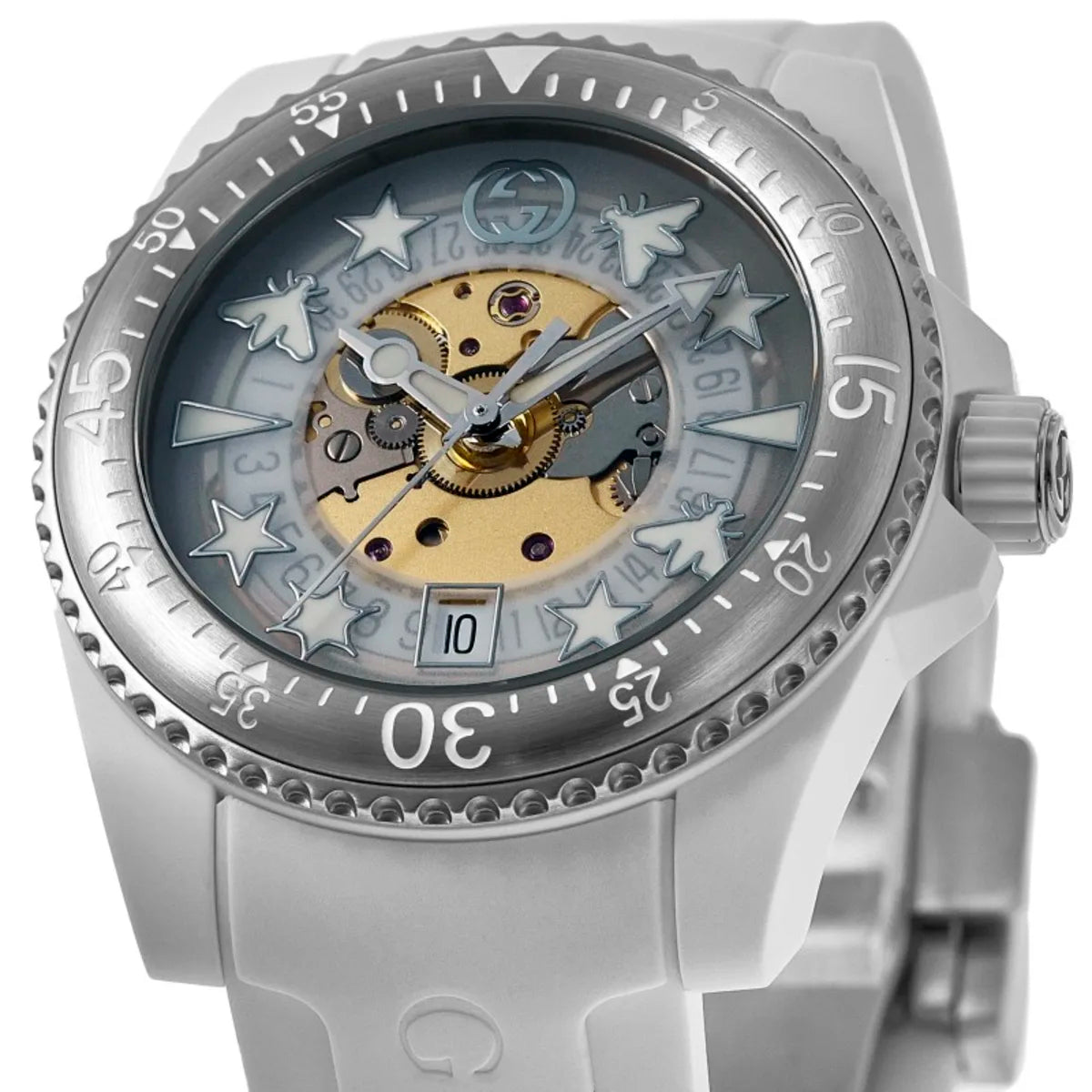 Gucci Dive YA136343 three-quarter view showing white rubber strap and skeleton movement