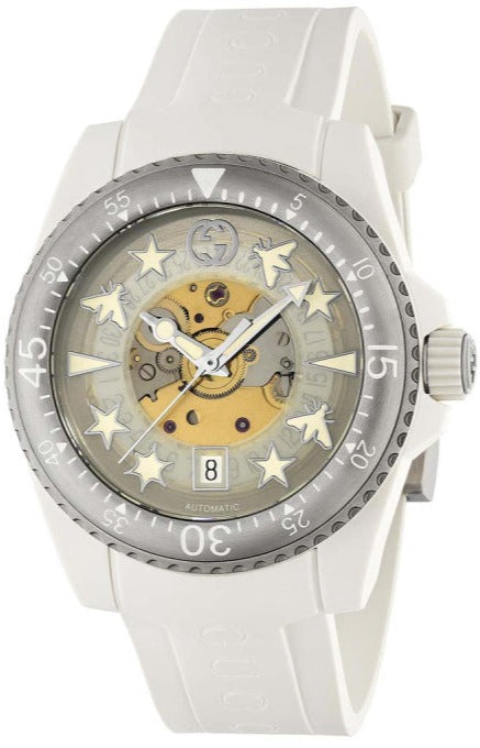 Gucci Dive 40mm white rubber strap watch with skeleton dial and rotating bezel