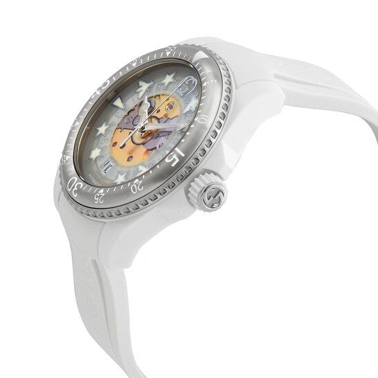 Gucci Dive YA136343 side view displaying white rubber strap and case profile