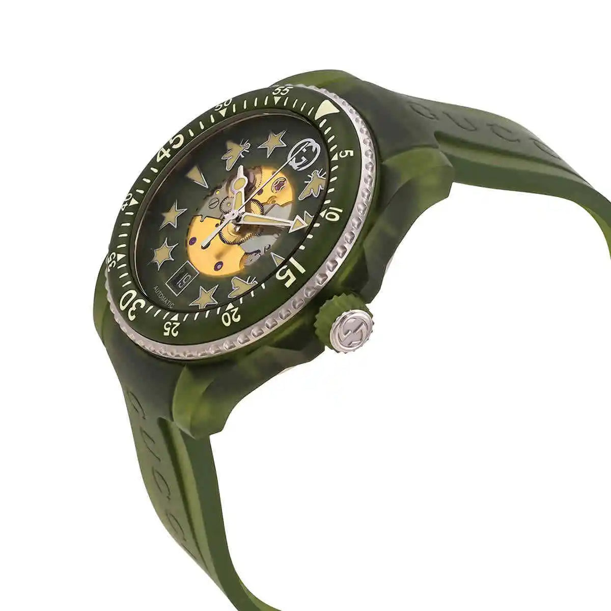 Gucci Dive YA136345 angled side view showing green rubber strap and case profile