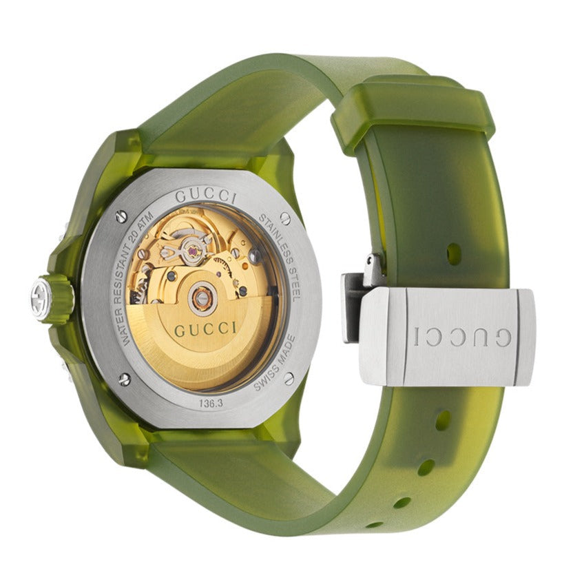 Gucci Dive YA136345 caseback showing gold automatic movement and Gucci engraving