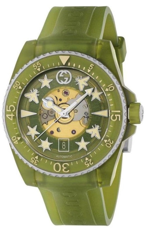 Gucci Dive YA136345 green automatic watch with skeleton dial and rotating bezel