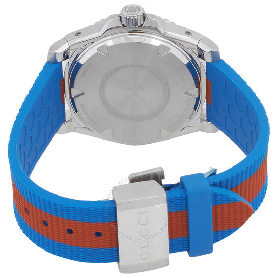 Caseback view of Gucci Dive watch showing grey case and blue and red rubber strap