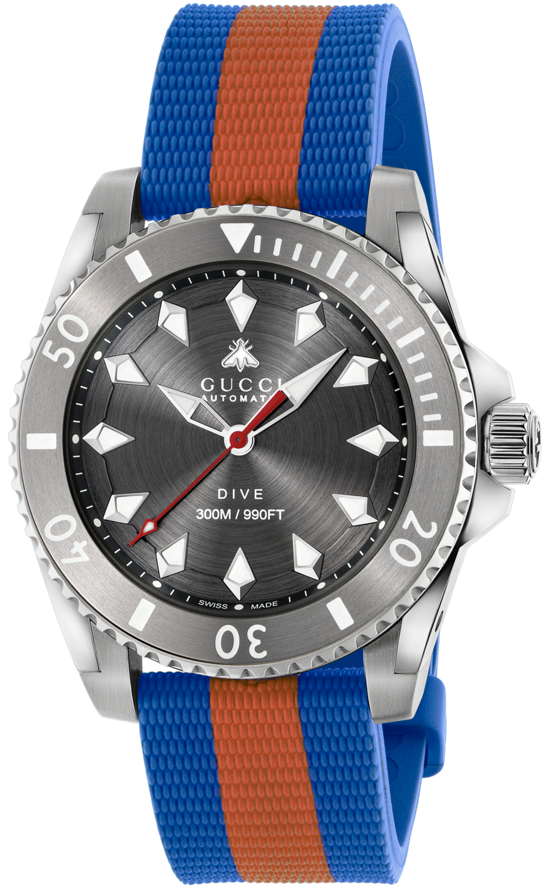 Gucci Dive automatic watch with grey dial, stainless steel case, and blue and red rubber strap