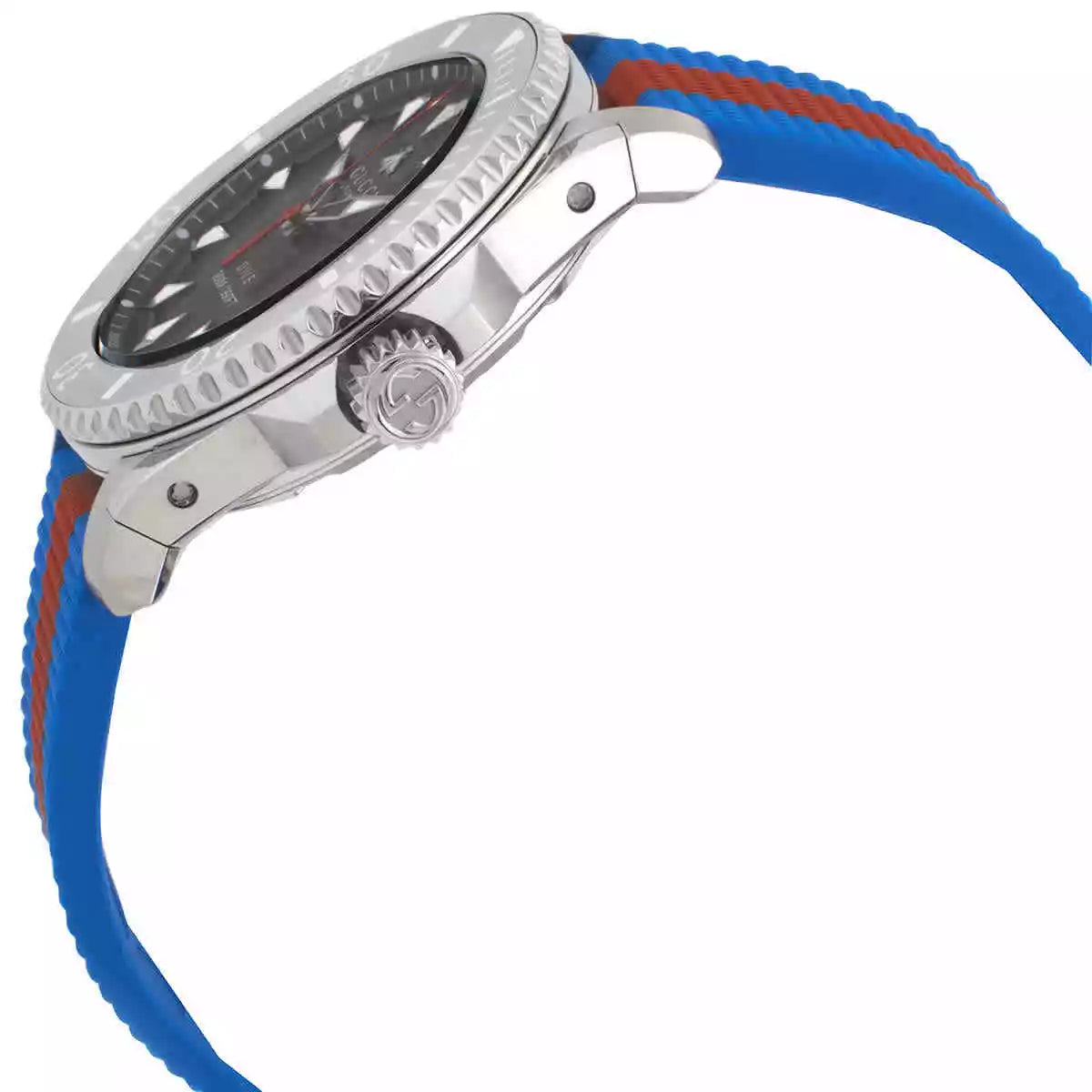 Side view of Gucci Dive watch showing stainless steel case and blue and red rubber strap