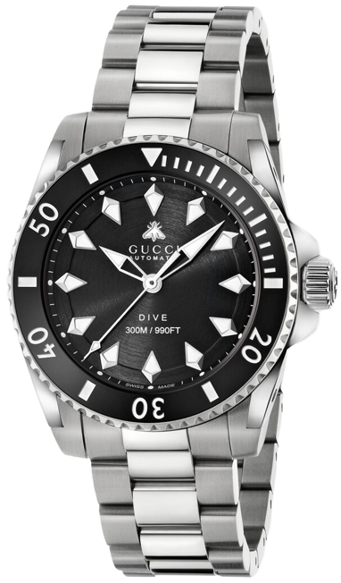 Gucci Dive 40mm watch with black dial and stainless steel bracelet, front view