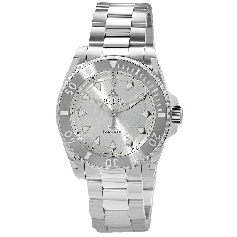 Gucci Dive automatic watch with silver dial, rotating bezel, and stainless steel bracelet