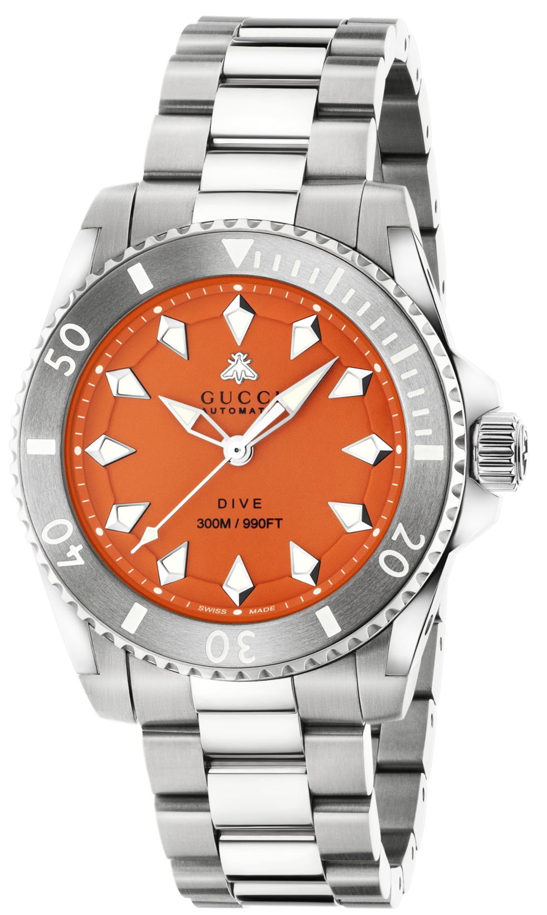 GUCCI Dive 40mm stainless steel watch with bright orange dial and white hour markers