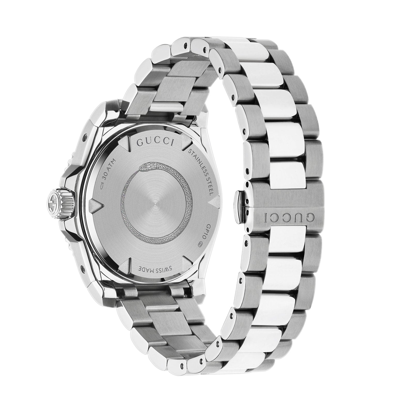 Gucci Dive watch caseback showing stainless steel back with engraving and bracelet