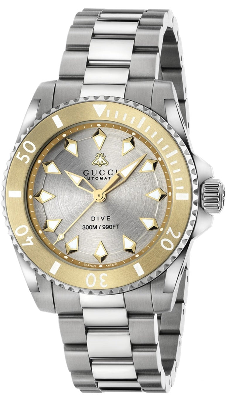 Gucci Dive automatic watch with silver dial and gold-plated bezel on stainless steel bracelet