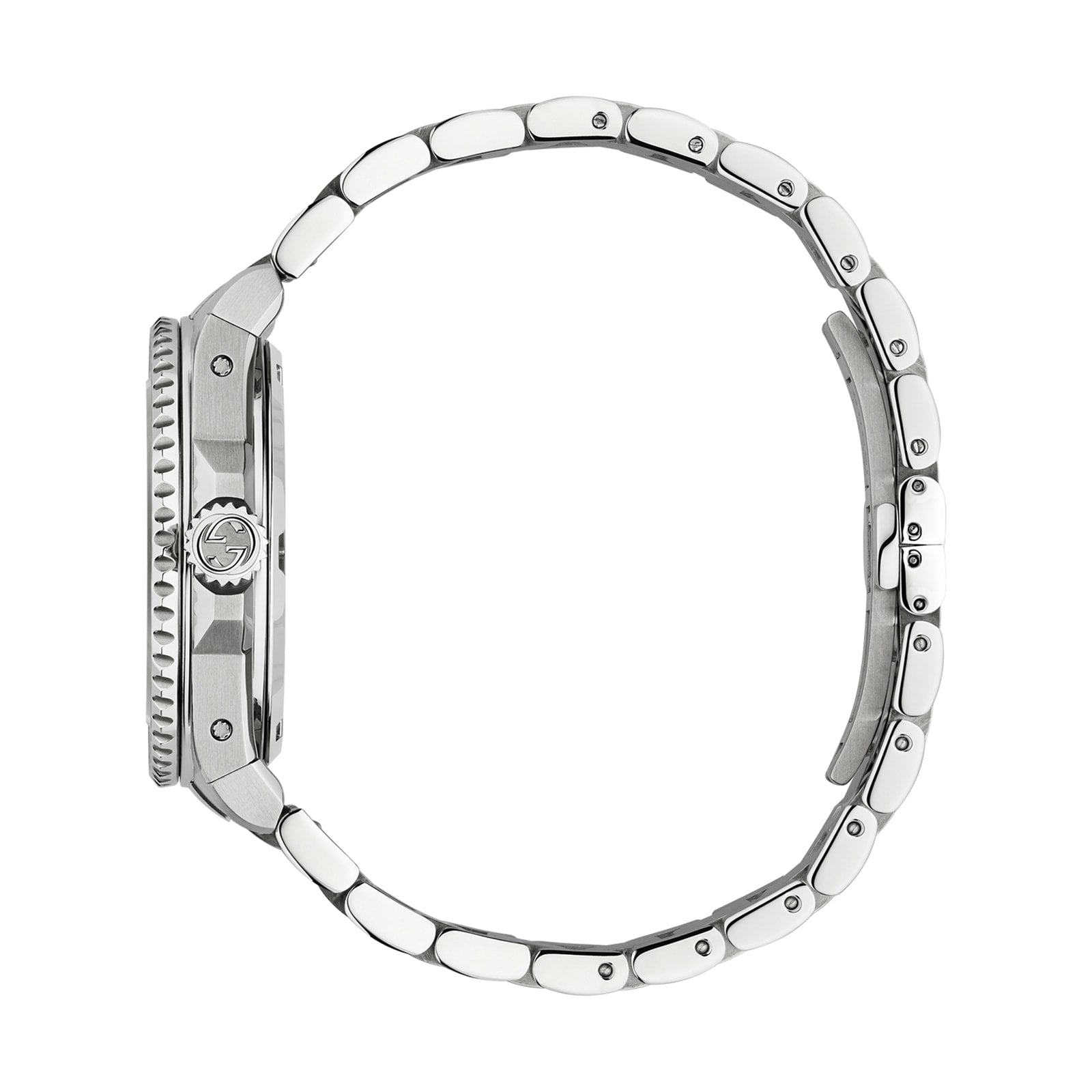 Side view of Gucci Dive watch showing case profile and stainless steel bracelet
