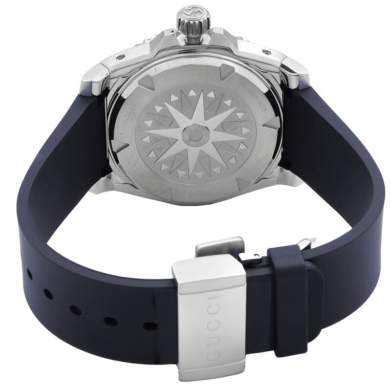 Gucci Dive watch caseback with visible movement and navy rubber strap with steel clasp