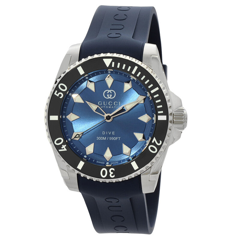 Gucci Dive automatic watch with blue dial, steel case, black bezel, and navy rubber strap