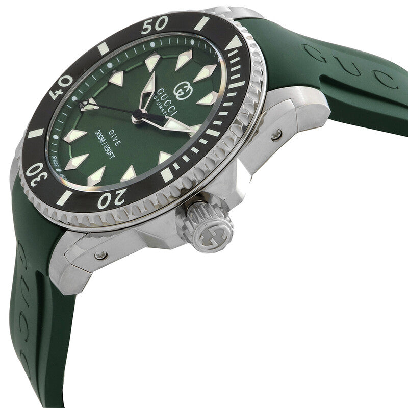 Gucci Dive watch angled view showing green rubber strap and rotating bezel
