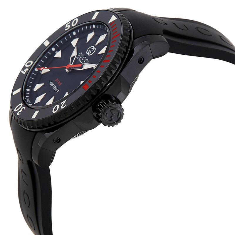 Gucci Dive watch shown at angle with black rubber strap and black case