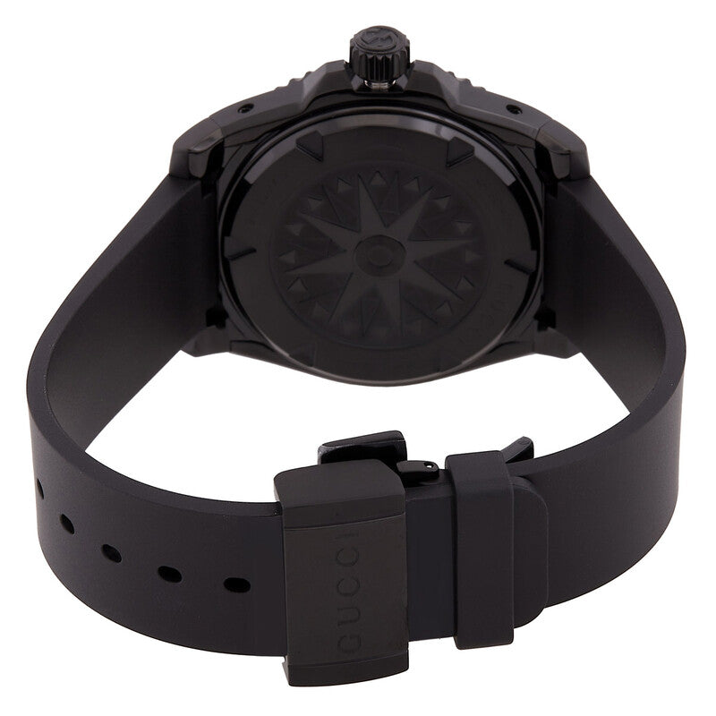 Gucci Dive watch caseback view showing black rubber strap and fold-over clasp