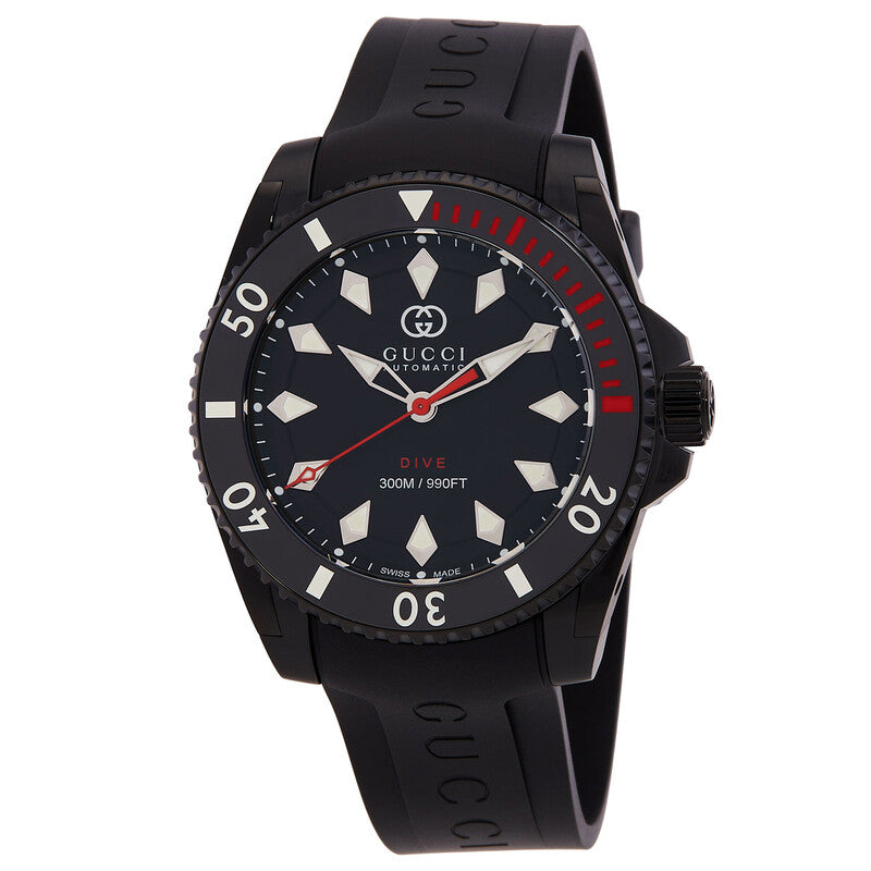 Gucci Dive automatic watch with black dial, white hour markers, red accents, and rotating bezel