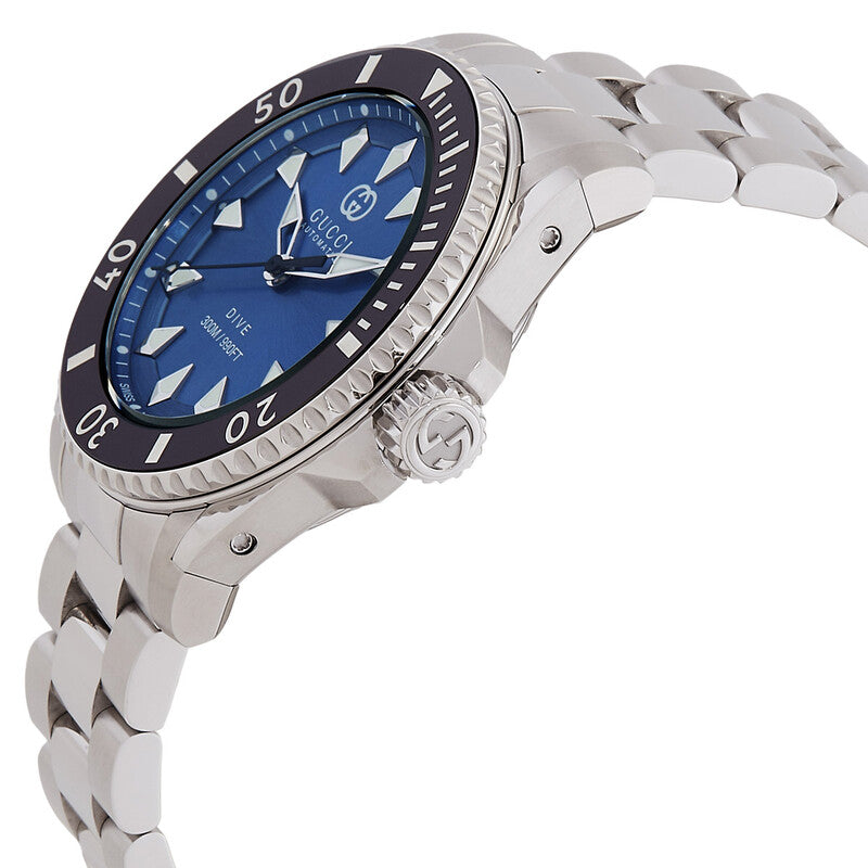 Gucci Dive watch angled view showing case profile and stainless steel bracelet