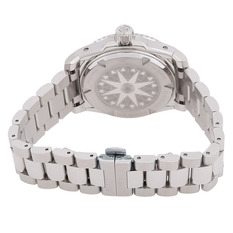 Gucci Dive watch case back view showing stainless steel bracelet and transparent case back
