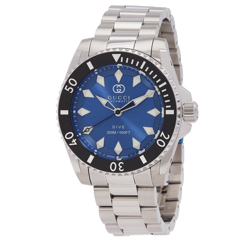 Gucci Dive YA136362 watch with blue dial, black bezel, and stainless steel bracelet