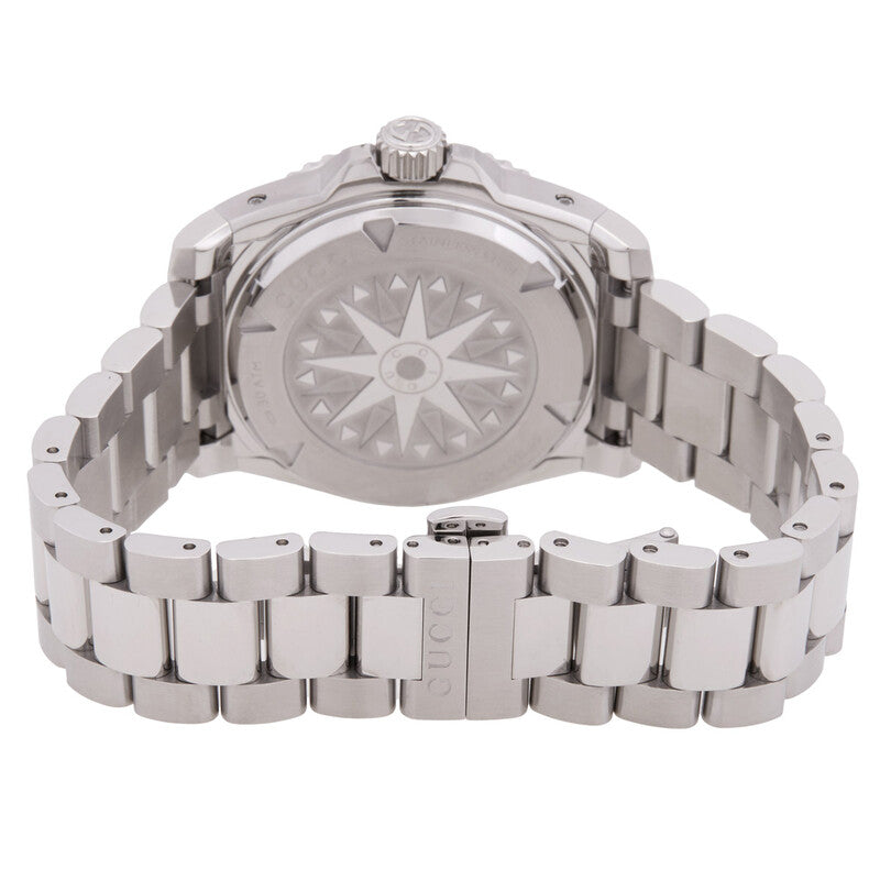 Gucci Dive watch caseback showing screw-down case back and stainless steel bracelet