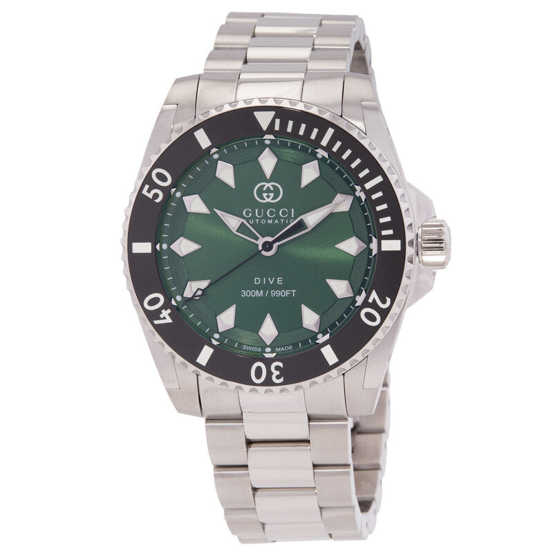 Gucci Dive automatic watch with green dial, stainless steel bracelet and black bezel