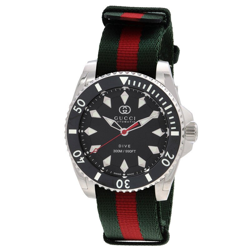 Gucci Dive 40mm automatic watch with black dial and green-red striped nylon strap