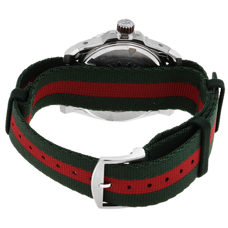 Gucci Dive watch side view displaying case profile and green-red striped nylon strap