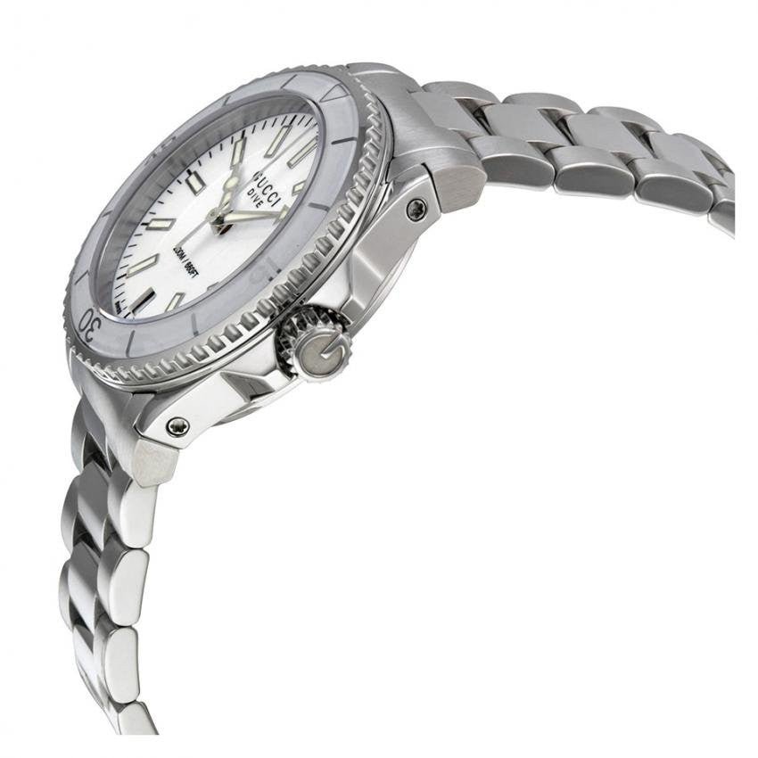 Gucci Dive watch side view showing stainless steel case and bracelet