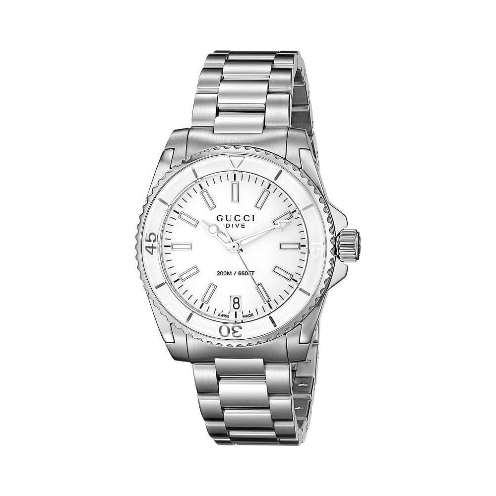 Gucci Dive stainless steel watch with white dial and rotating bezel