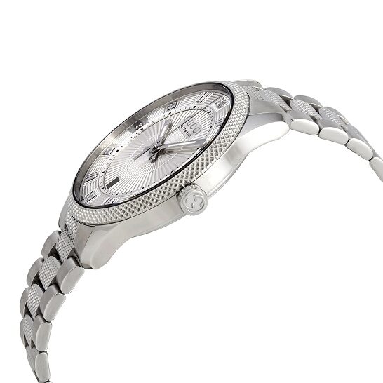 Gucci Eryx 40MM watch side view showing dial, case, and steel bracelet profile